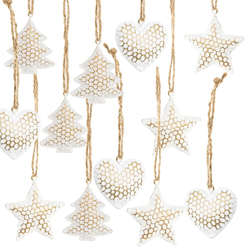 12 kleine Weihnachtsanhänger weiß gold - Bäume Sterne Herzen 4 cm aus Metall