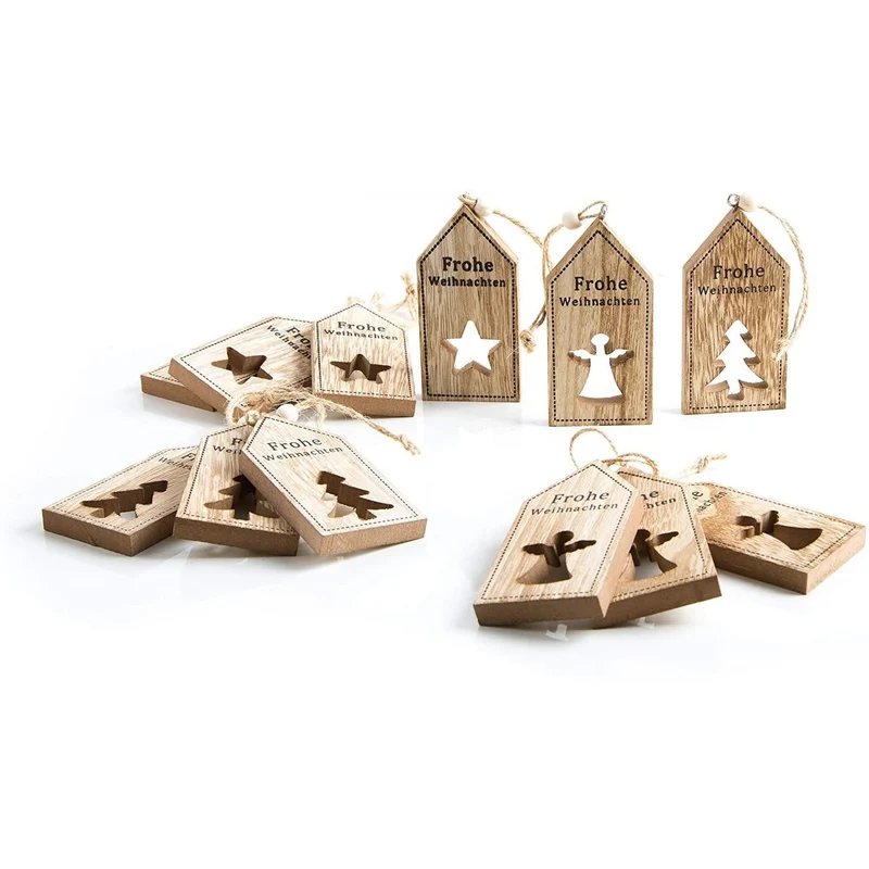 24 Holzanhänger FROHE WEIHNACHTEN STERN ENGEL BAUM 5 x 10 cm Geschenkanhänger Verpackung weihnachtlich Anhänger Holztafel braun natur Weihnachts-Deko Verzierung