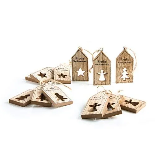 12 Holzanhänger FROHE WEIHNACHTEN braun Geschenk-Anhänger STERN ENGEL BAUM 5 x 10 cm Verpackung Weihnachtsanhänger Holz natur Text Holztafel Weihnachtsdeko