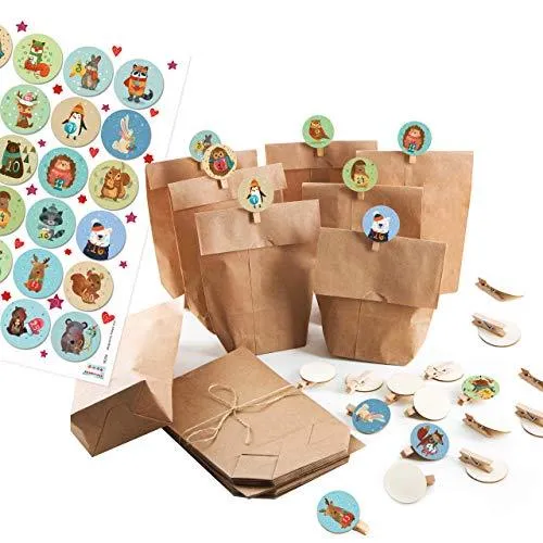 24 kleine Adventskalender zum Befüllen Set: Papiertüten + 1-24 Aufkleber + KLAMMERN – Tiere Weihnachten bunt