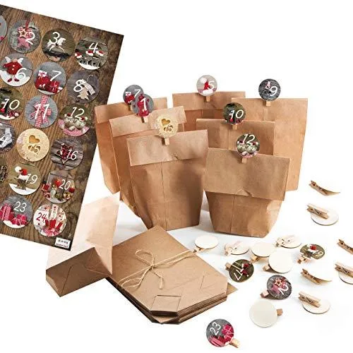 DIY Adventskalender zum Befüllen Set: 24 Papierbeutel + 1-24 Aufkleber + Klammern Vintage braun Fotomotive