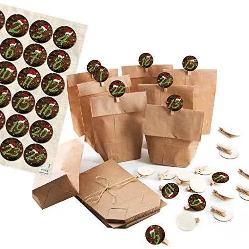 24 Adventskalender z. Befüllen Set: Papiertüten + 1-24 Aufkleber + KLAMMERN rot grün braun basteln DIY