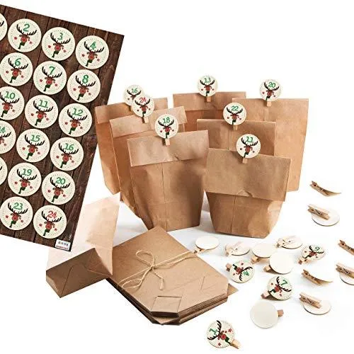 24 kleine DIY Adventskalender Papiertüten zum Befüllen + Klammern + Rentier Sticker 1-24