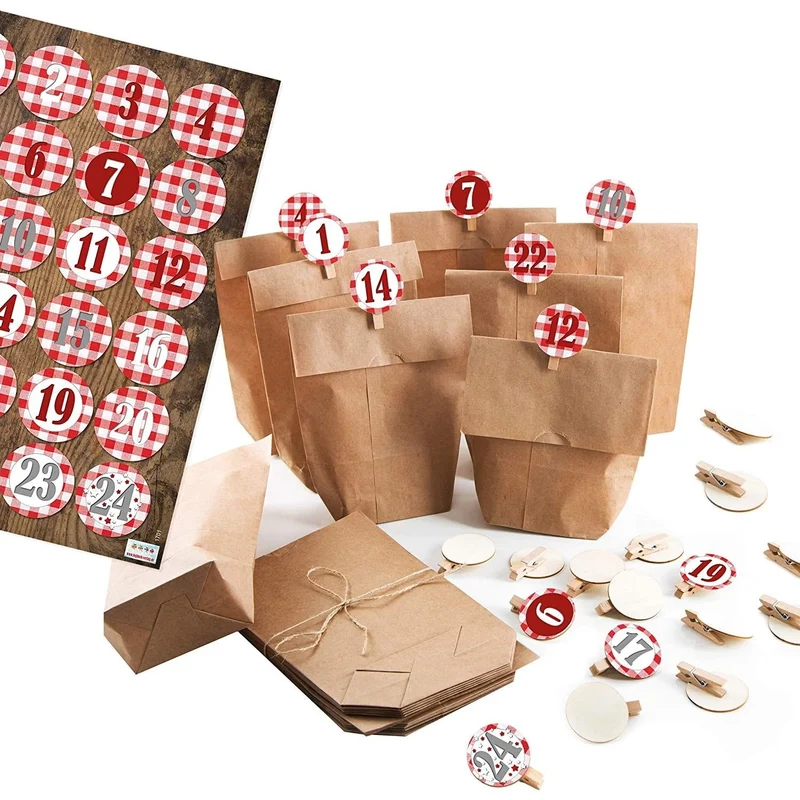 24 Adventskalender Papiertüten z. Befüllen Set Papierbeutel + 1-24 Aufkleber + Klammern rot weiß kariert