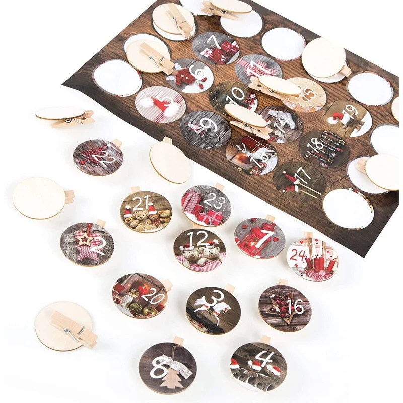 1-24 Nummern zum Adventskalender basteln: Aufkleber + Holzklammer rund 4 cm - rot braun Weihnachtsmotive