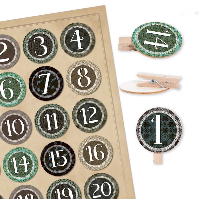 1-24 Zahlen Sticker zum Adventskalender basteln: Aufkleber + Holzklammern Holz Scheibe 4 cm Aufkleben beige grün