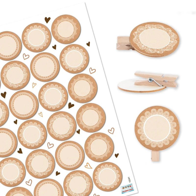 24 Aufkleber weiß beige blanko + 24 Scheibenklammern aus Holz Tischdeko Namensschild zum Beschriften