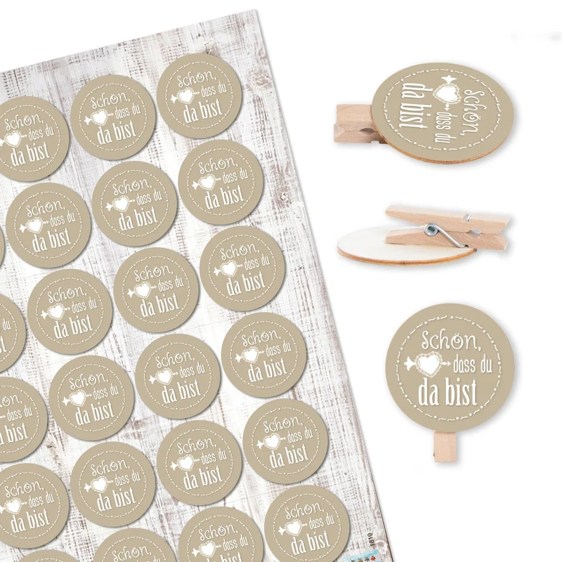 24 Klammern aus Holz + 24 runde Sticker Schön, dass du da bist - beige creme - Deko Give-Away Hochzeit
