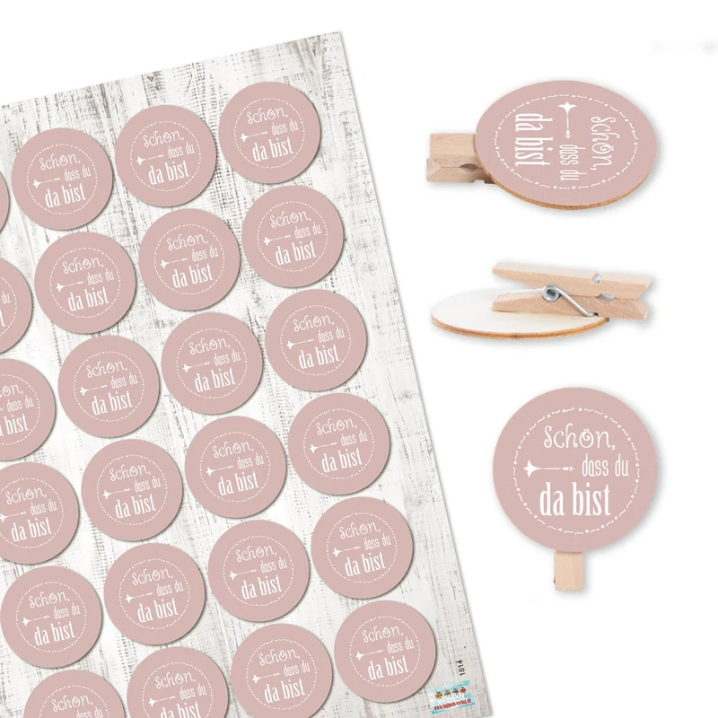 24 Klammern aus Holz natur + Aufkeber Schön dass du da bist - rosa - Give-Away Gastgeschenk Deko Hochzeit