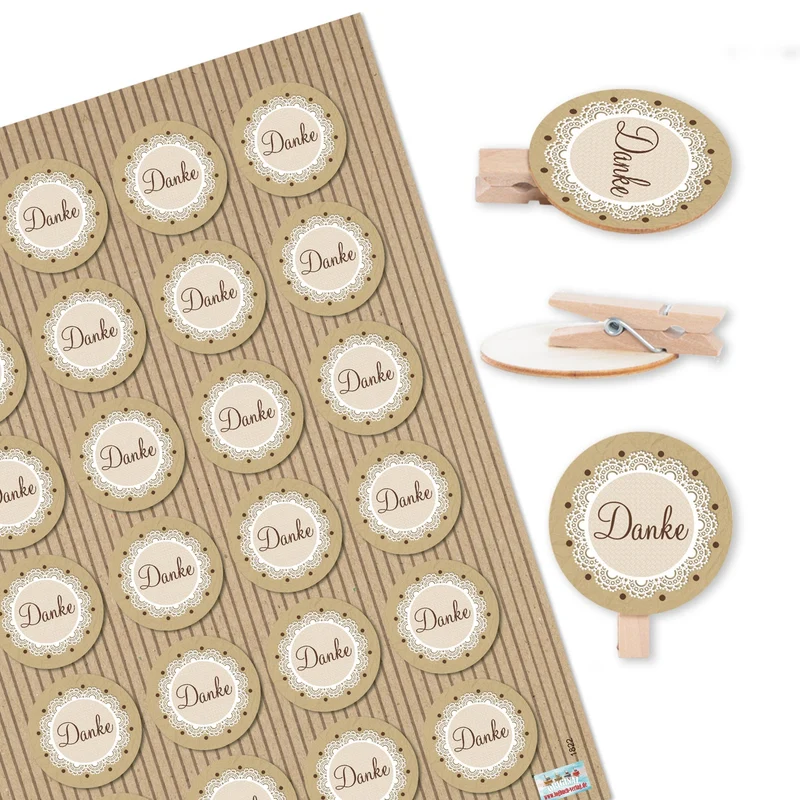 24 Danke Aufkleber + 24 Holzklammern mit runder Holzscheibe Natur beige braun Dankeschön Sticker