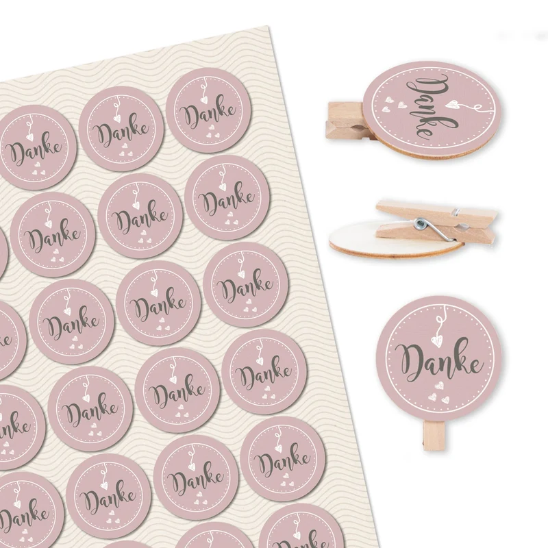 24 rosa Dankesaufkleber Danke + 24 Holzklammern mit runder Holzscheibe Deko Gastgeschenk Hochzeit DIY