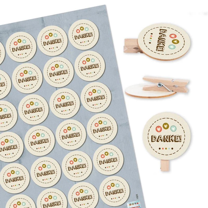 24 Holzklammern runde Scheibe + 24 Danke Aufkleber beige bunt mit Herzen Dankeschön Geschenk basteln