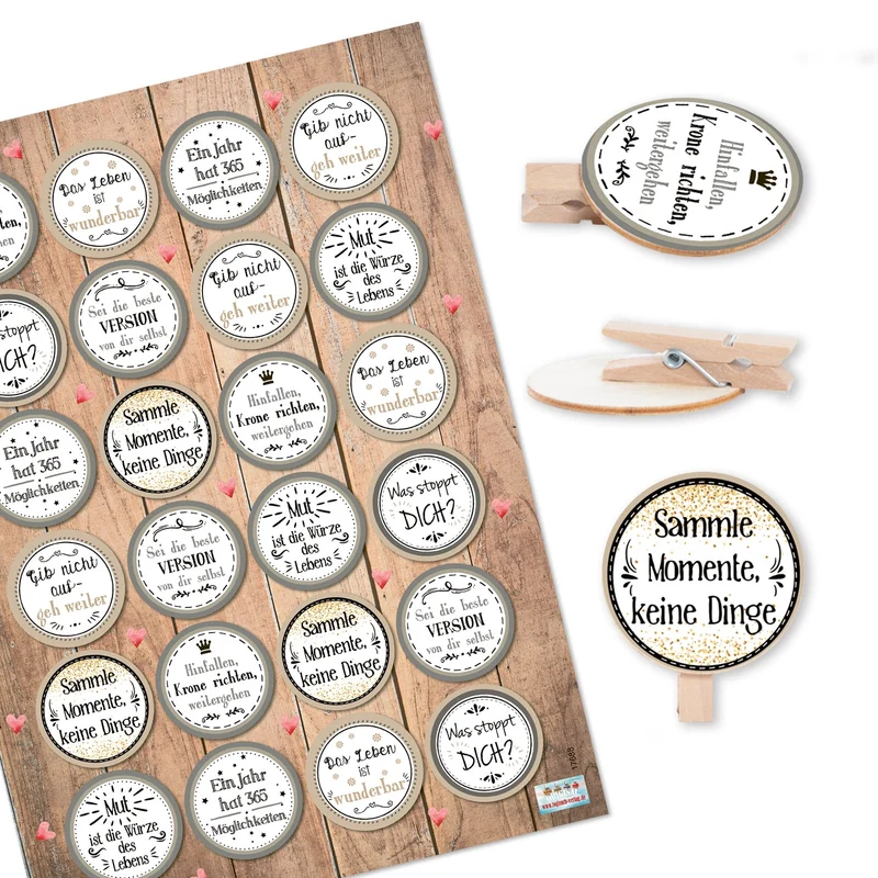 24 Aufkleber mit Sprüchen Motivation + 24 Holzwäscheklammern - Motivationsaufkleber Belohnung Mut machen - beige grau