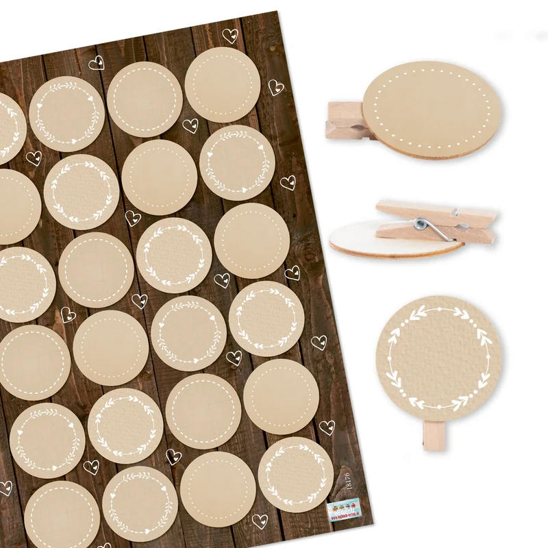 24 Dekoklammern aus Holz mit blanko Aufklebern beige creme zum Beschriften - Deko Namensschild Hochzeit