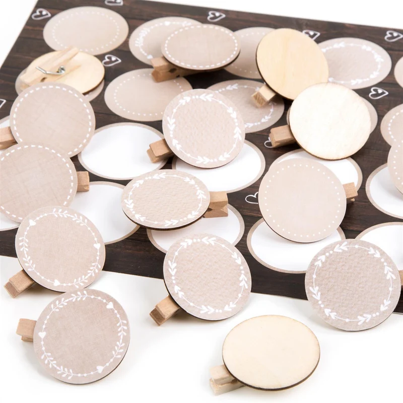Logbuch-Verlag 48 Dekoklammern aus Holz + Blanko Aufkleber beige creme zum Beschriften - Holzklammern Etiketten Namensschild Tischkarte Hochzeit