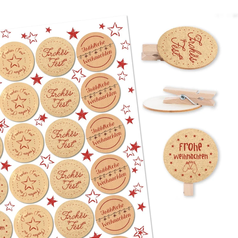 24 Frohe Weihnachten Aufkleber + Holzklammern - Weihnachtsklammern Geschenkverpackung Deko braun rot