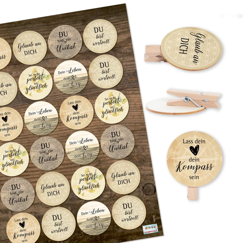 24 Sprüche Klammern - Motivation Statements Weisheiten - Dekoklammern Verzierung Verpackung - Naturmotive