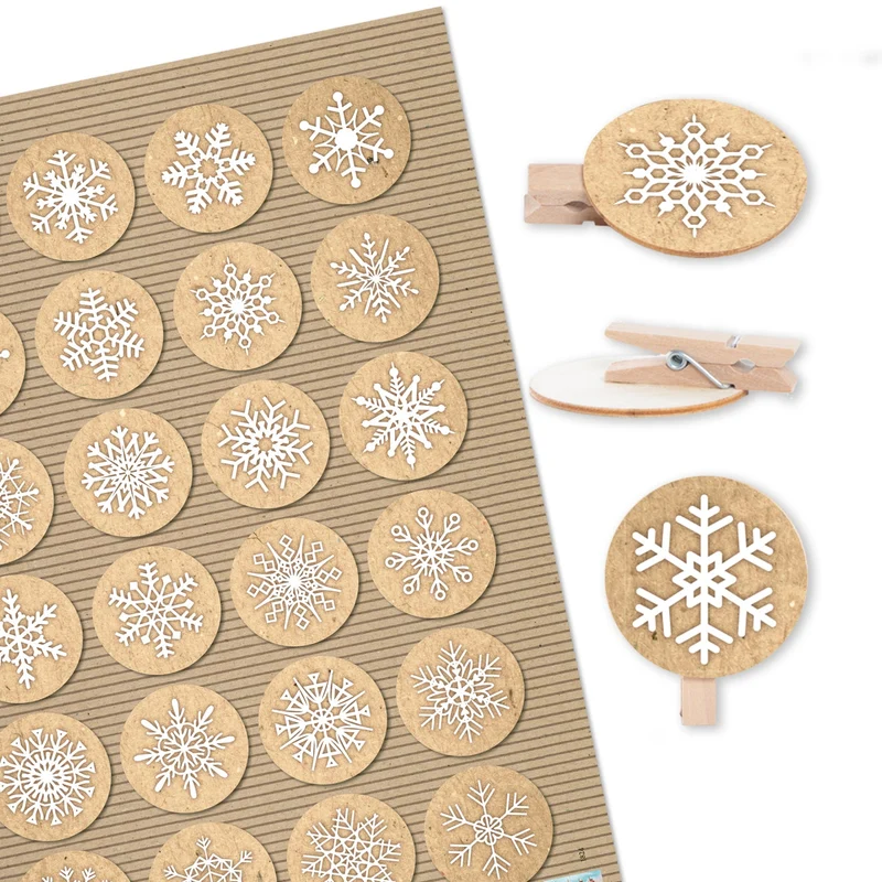 Set 24 Weihnachtsaufkleber Schneeflocke beige + 24 Holzwäscheklammern mit Scheibe Verpackung Basteln Deko