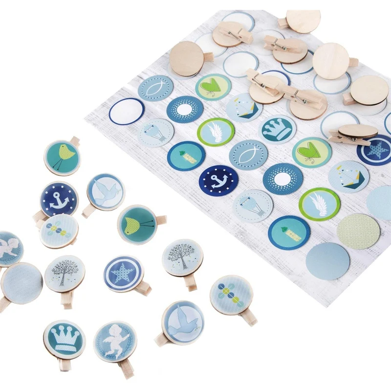 Set 35 Sticker blau grün mit christlichen Symbolen + 36 Holzklammern 3,2 cm - Tischdeko Geschenk Deko Taufe Kommunion