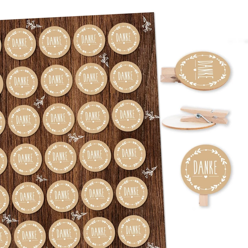 35 Danke Aufkleber beige weiß + Holzklammer - Dankeschön Geschenk Hochzeit DIY Vintage