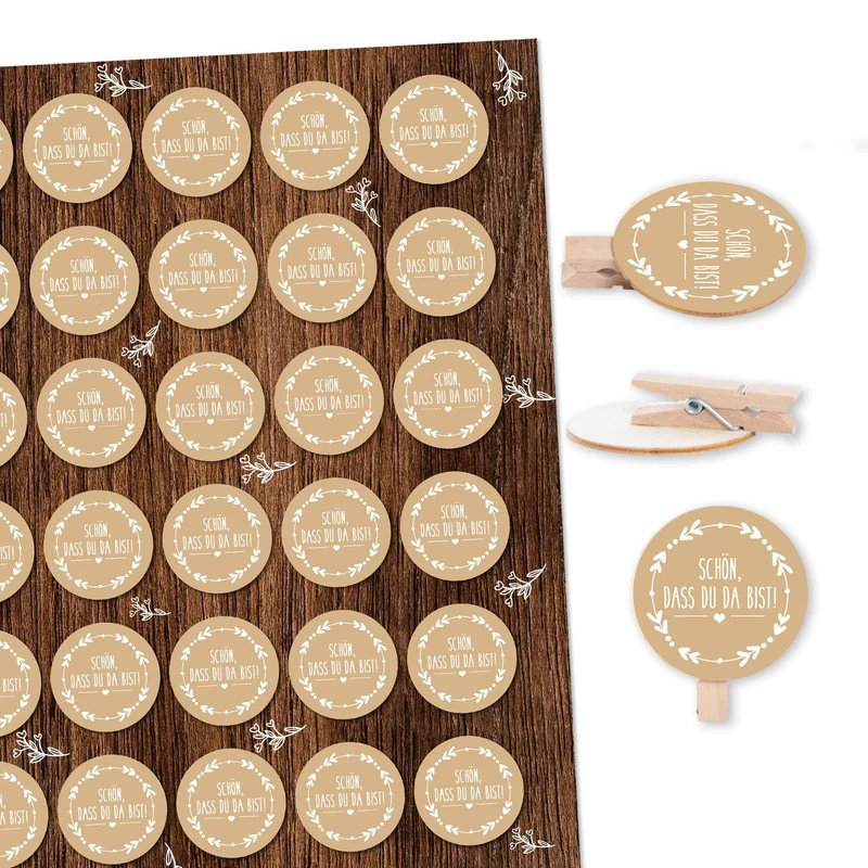 35 Schön dass du da bist Aufkleber mit Klammern aus Holz + Dekoklammer - Gastgeschenk Hochzeit DIY Vintage