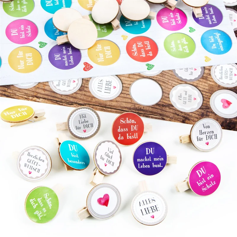SET 2 x 35 Aufkleber bunt vintage mit Sprüchen + Mini Holzklammern - Mitgebsel Give-Away