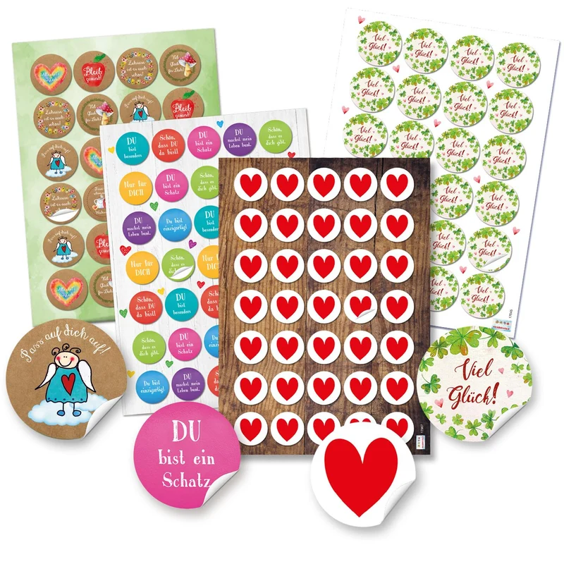 Aufkleber Set - 118 bunte Sticker - Viel Glück - Bleib Gesund - Herzen Sprücheaufkleber