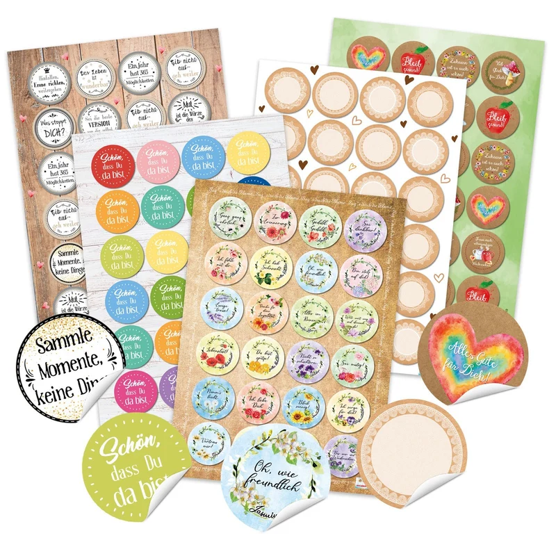Buntes Aufkleber Set - 120 Sticker Sprüche + Blumen + Blankoaufkleber zum Beschriften