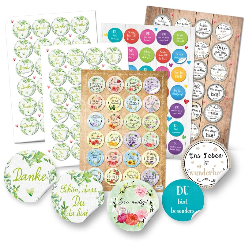 Buntes Aufkleber SET - 131 Sticker DANKE + Schön, dass du da bist + Sprüche - Geschenkaufkleber