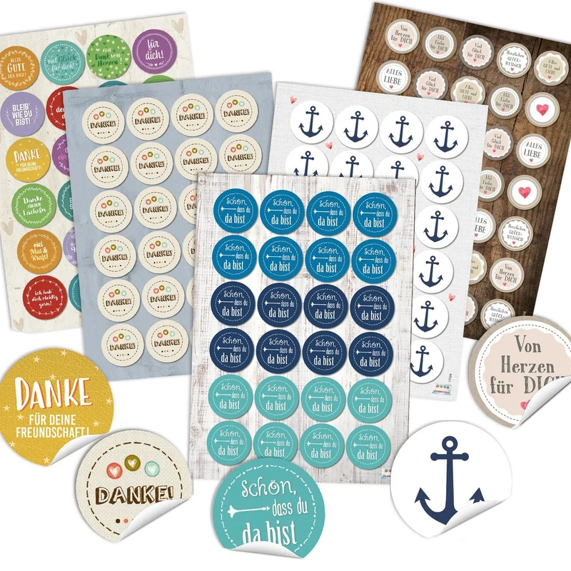 Buntes Aufkleber Set 131 Sticker - Danke + Anker + Sprüche Glückwunsch Motivation Liebe Freundschaft