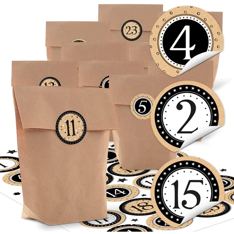 24 kleine natürliche braune Papier-Tüten natur Kraftpapier 14 x 22 x 5,6 cm + 1 bis 24 Zahlen weihnachtliche Aufkleber STERNE beige schwarz weiß basteln befüllen Adventskalender bio Beutel SET