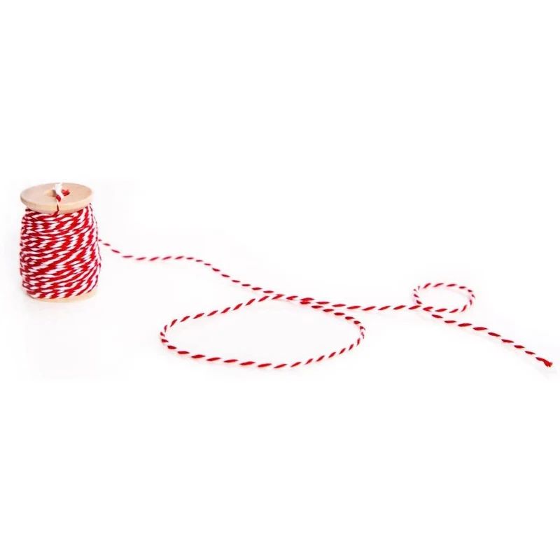 1 kleine Rolle rot weiß Baumwoll-Band Garn Kordel Paket-Schnur mit 15 Meter auf Holzspule; 2 mm zum Basteln Verzieren Verpacken und Dekorieren