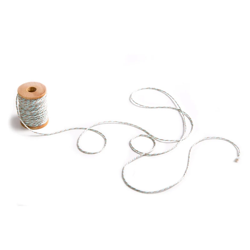 1 kleine Rolle beige türkis creme grau Baumwoll-Band Garn Kordel Paket-Schnur mit 15 Meter auf Holzspule; 2 mm zum Basteln Verzieren Verpacken und Dekorieren