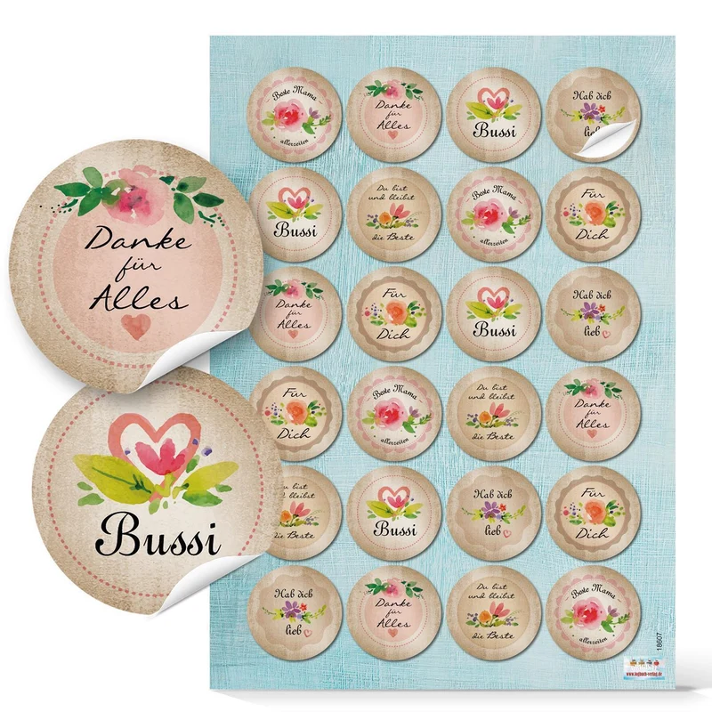 Logbuch-Verlag 24 Sprüche Aufkleber vintage beige bunt Blumen - Danke Liebe Freundschaft Statements - Muttertag Geschenkaufkleber