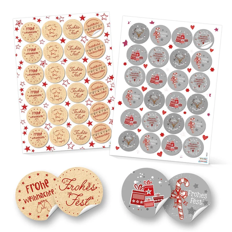 SET 2 x 24 FROHE WEIHNACHTEN Aufkleber Verpackung Zukleben von Papiertüten Geschenktüten weihnachtlich Deko Geschenkaufkleber rot grau natur weiß Sticker rund 4 cm Etiketten