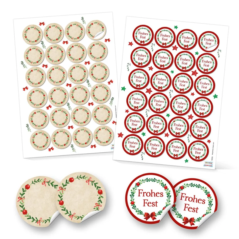 SET 2 x 24 runde Aufkleber Weihnachten rot grün natur weiß beige FROHES FEST + Blanko Etiketten weihnachtliche Verpackung