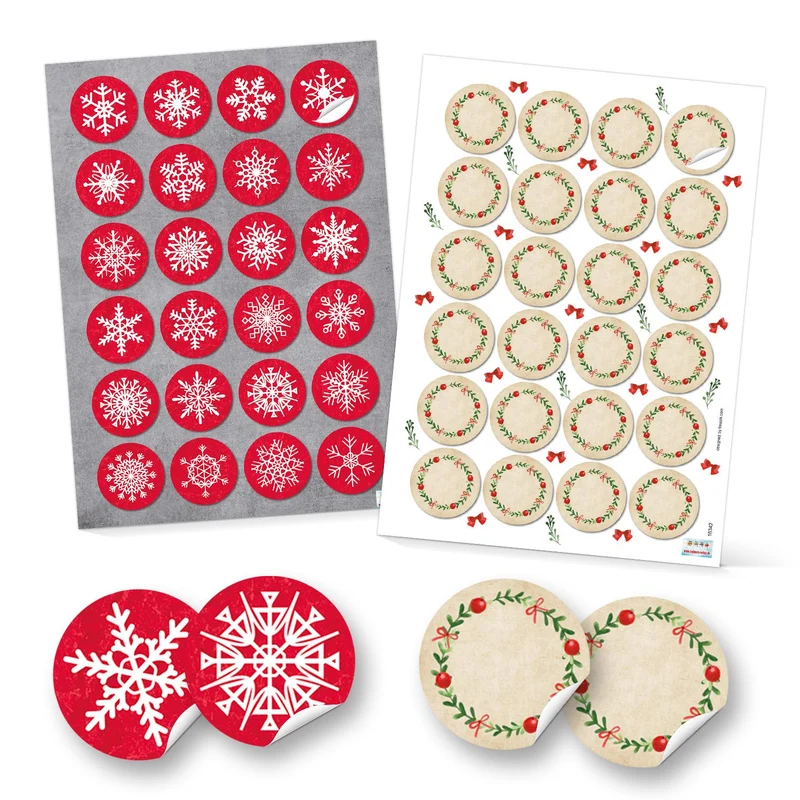 SET 2 x 24 runde Aufkleber Weihnachten rot grün weiß blanko + Schneeflocke Etiketten weihnachtliche Verpackung