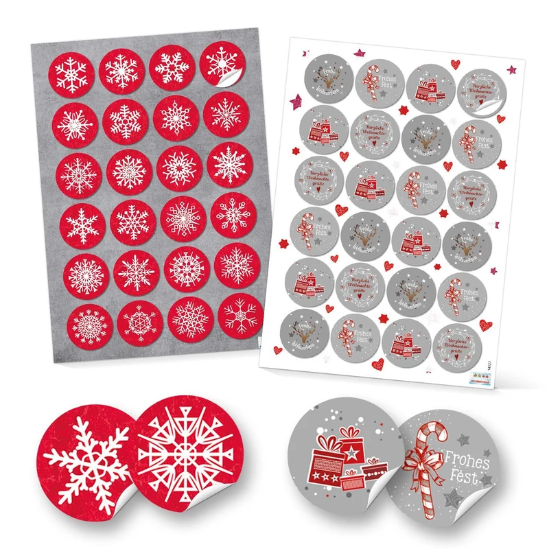 SET 2 x 24 weihnachtliche Geschenkaufkleber Weihnachtsaufkleber Schneeflocken + Text Frohe Weihnachten 4 cm in rot grau weiß Verpackung Geschenke give-away Geschenkverpackung