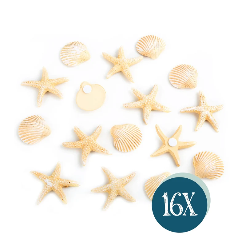 16-teiliges beiges Deko Set mit Muscheln + Seesternen - mit Klebepunkt zum Aufkleben