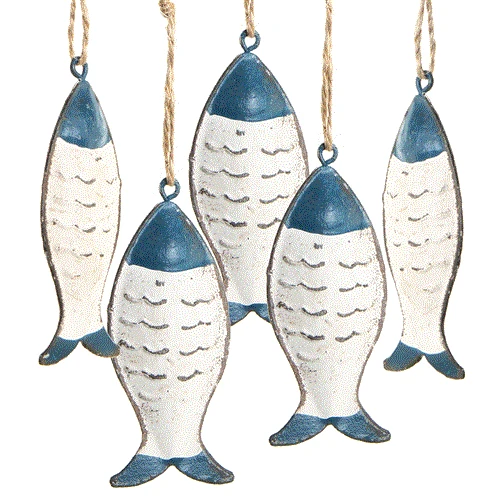 5 Fische Anhänger aus Metall blau weiß shabby 7,5 cm