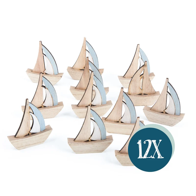 Kleine Segelboote - 8,5 cm - aus Holz in natur blau - 12 Stück - zum Hinstellen