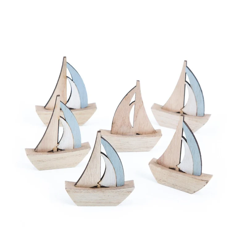 Kleine Segelboote aus Holz 8 cm blau natur 6 Stück