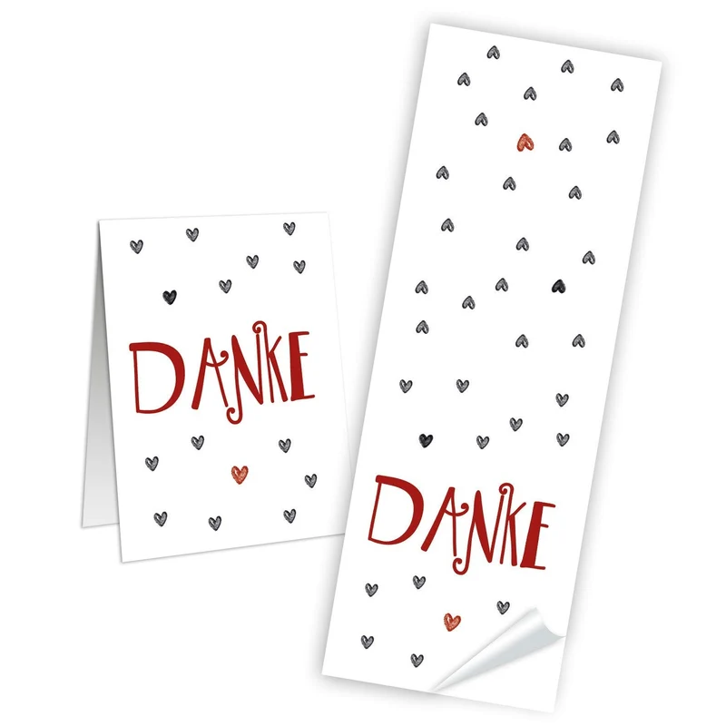 50 Stück Aufkleber Sticker DANKE weiß rot grau HERZ Dankeschön Geschenkaufkleber 5 x 14,8 cm Hochzeit Gastgeschenk Mitgebsel give-away Geschenk-Verpackung Papiertüten zukleben Liebe