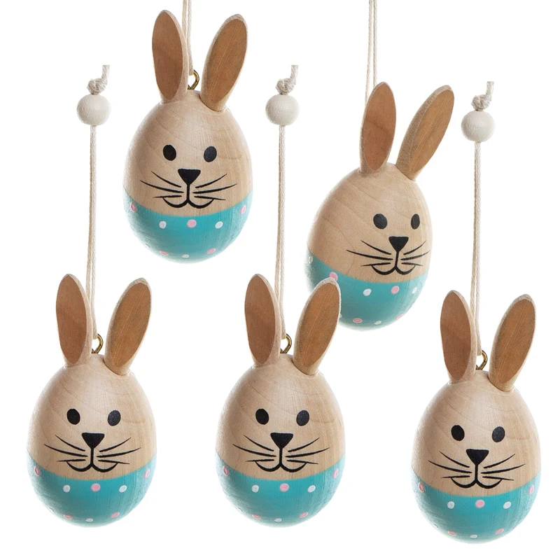 5 Osterhasen zum Aufhängen 7,5 cm türkis natur - Osterschmuck