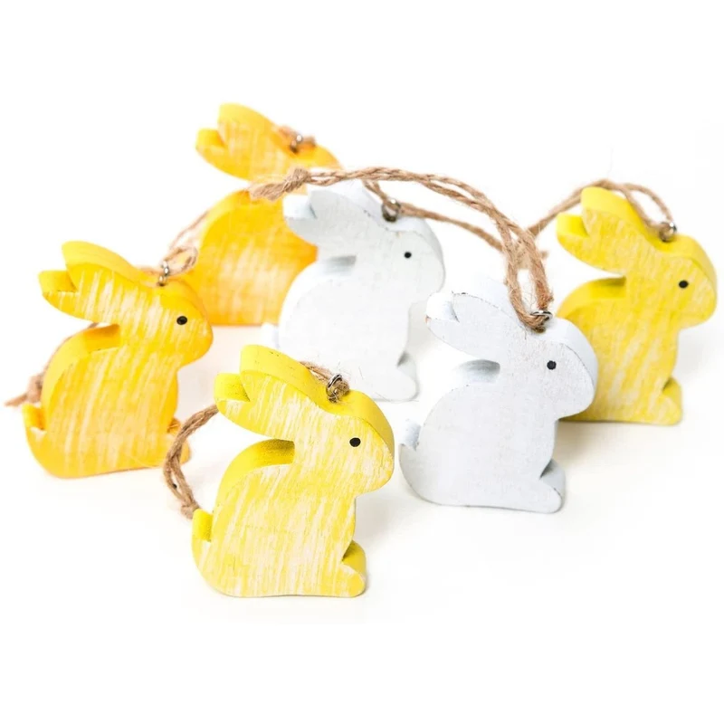 12 Stück kleine weiß GELBE Holz Osterhasen 6 cm zum Aufhängen - Holzhasen Osterdekoration Osterhänger als Geschenkanhänger give-away - Oster Dekoration zum Hängen oder Osternest verzieren