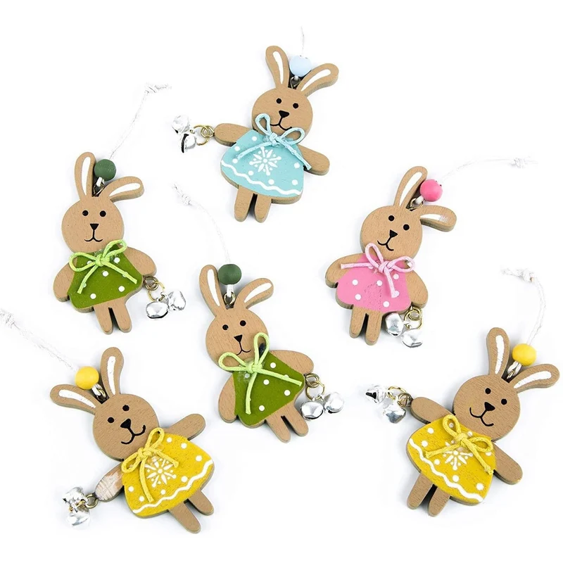 6 kleine Holz Osterhasen 6,5 cm gelb türkis grün rosa - Osteranhänger mit Schnur + Glöckchen