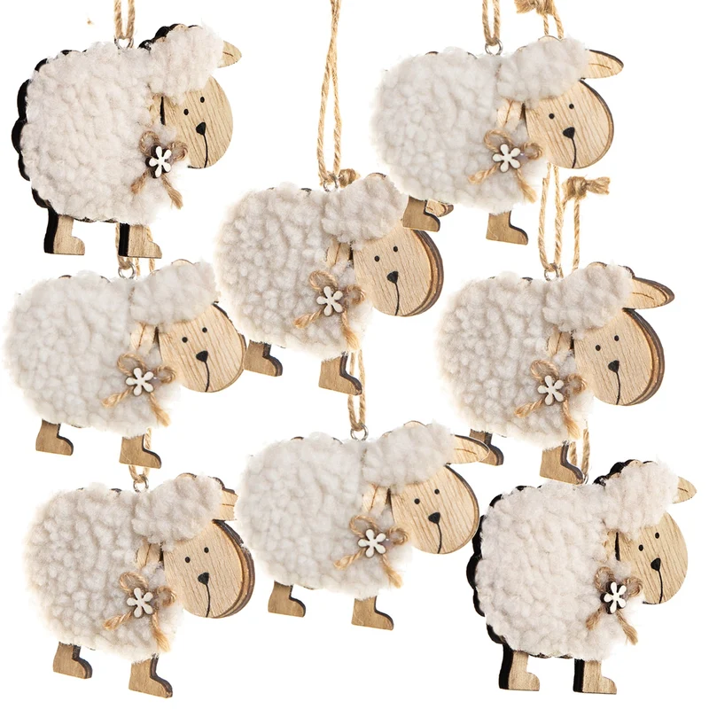 Logbuch-Verlag 8 Holz Filz Schafe Osteranhänger Anhänger Ostern Natur braun Holzanhänger Osterstrauch 9 cm Osterhänger Osterschmuck Hänger Schäfchen Figur