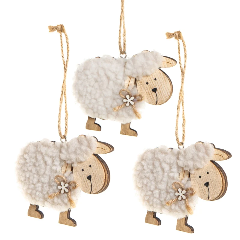 3 Schafe aus Holz & Filz 9 cm - Osterdeko zum Aufhängen natur weiß braun