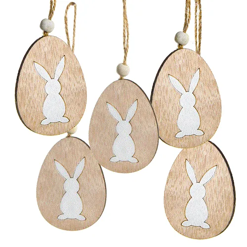 5 Osteranhänger aus Holz 7 cm - Osterei mit Osterhase braun weiß zum Aufhängen