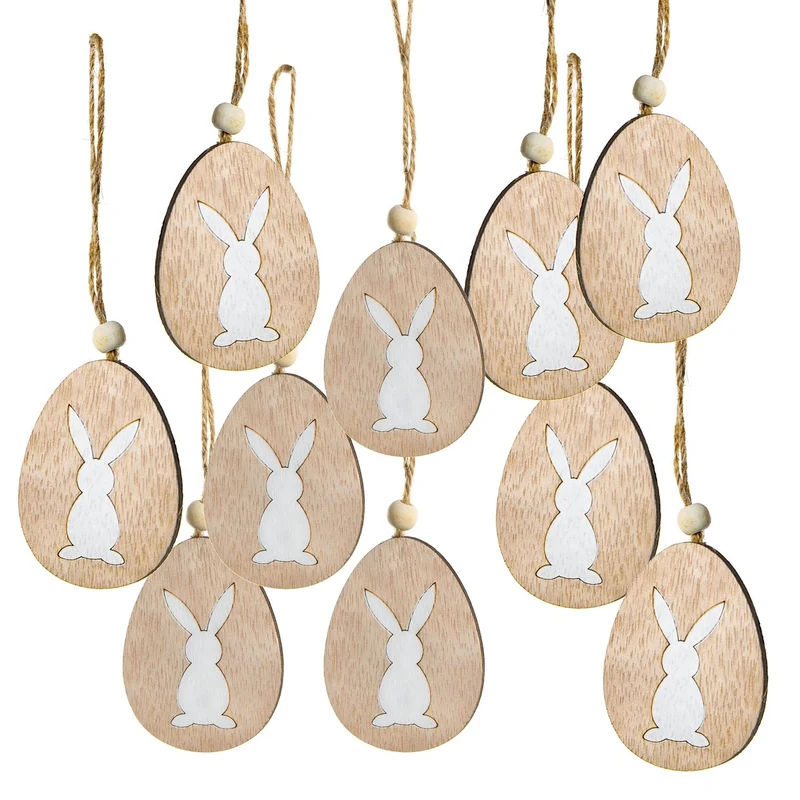 Logbuch-Verlag 2 x 5 Holz Osteranhänger Osterei Osterdeko Osterhase Holz 7 cm mit Schnur zum Aufhängen weiß BRAUN Natur Osterhänger Ostern Deko Geschenkanhänger